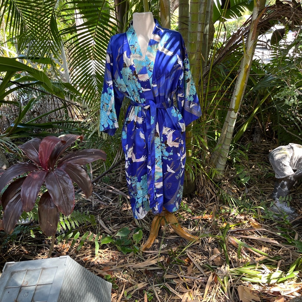 Blue Kimono with Flying Crane Design Made in JAPAN 42 /M